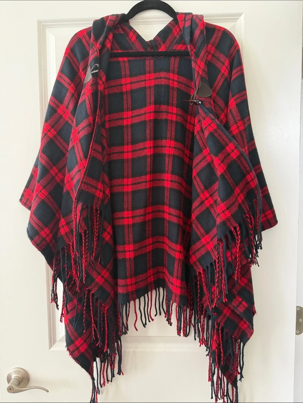 Plaid Hooded Fringe Poncho - Black & Red Tartan